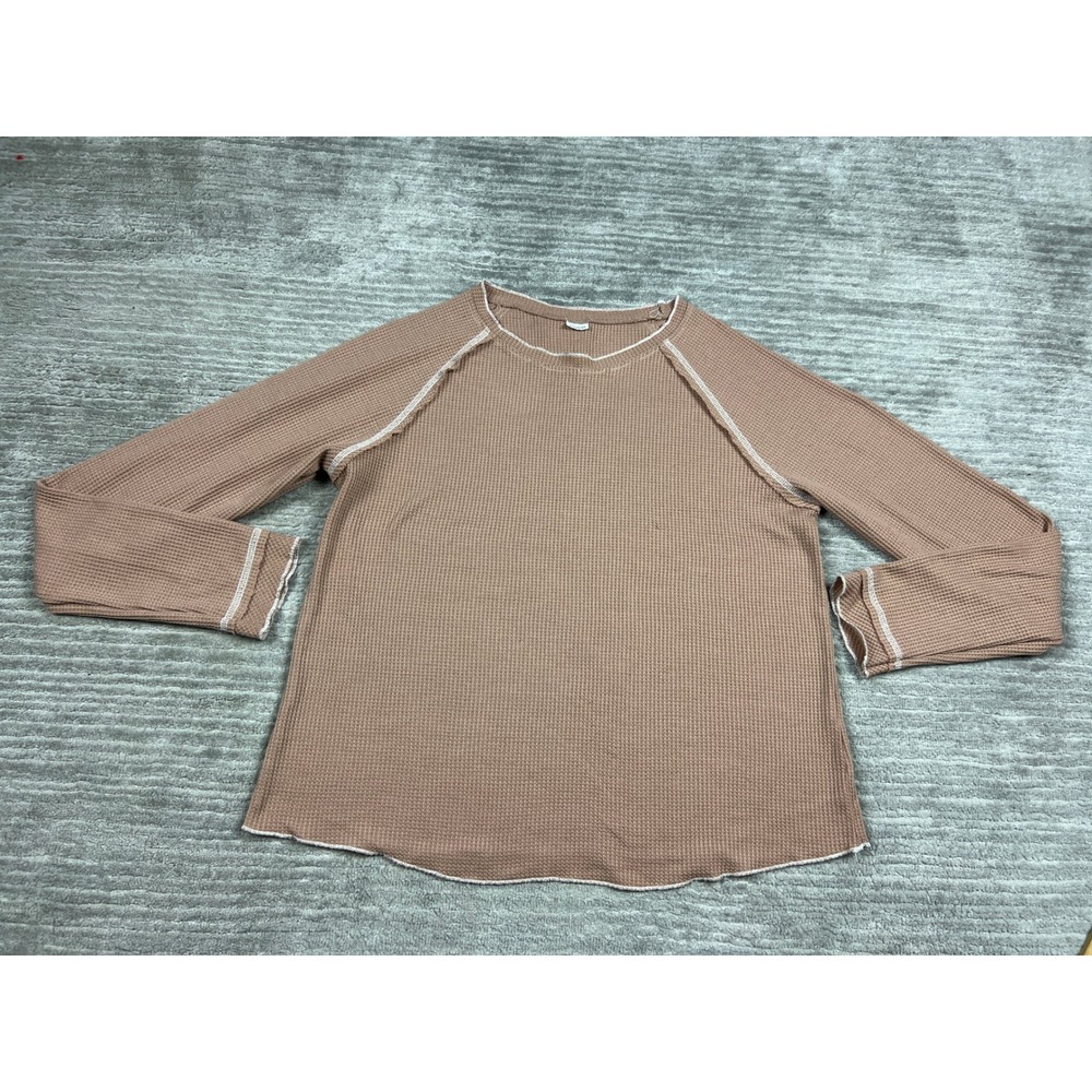Asvivid Waffle Knit Top Womens L Mauve Raglan Long Sleeve Exposed Seam Casual